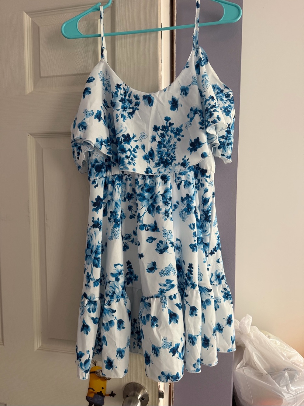 White and Blue Floral Cold-Shoulder Dress
